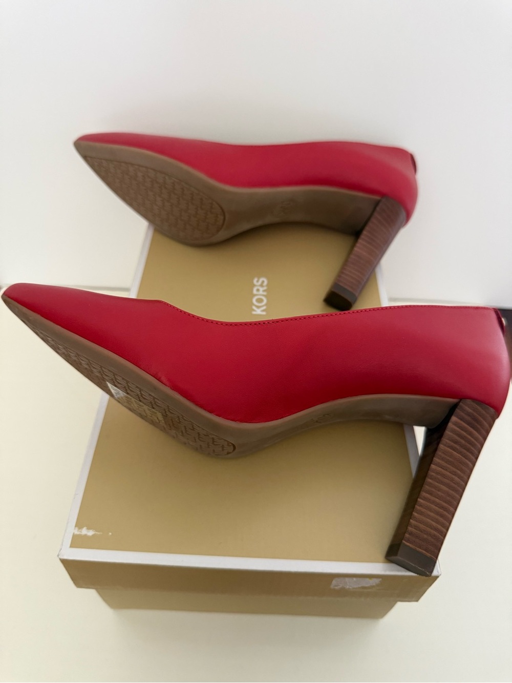 Michael Kors Red Leather Pointed Toe Block Heel Pumps - Picture 5 of 5